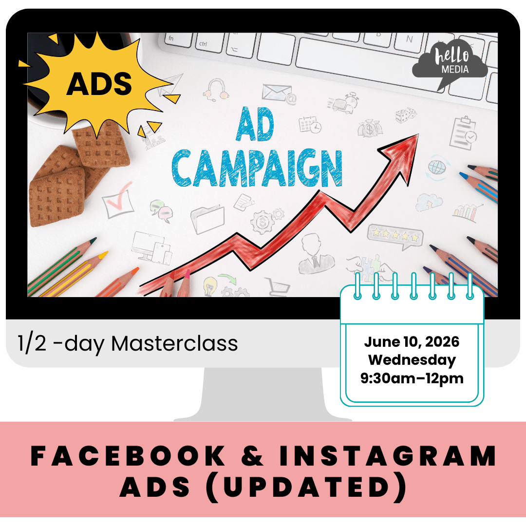 Advertisement for a Facebook and Instagram Ads masterclass with graphics and text on a computer screen.