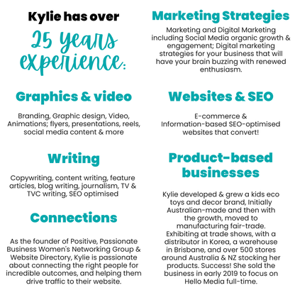 kylie mowbray-allen over 25 years experience with marketing strategies, websites and SEO, product-based business coaching, connections, writing, graphics and video. 