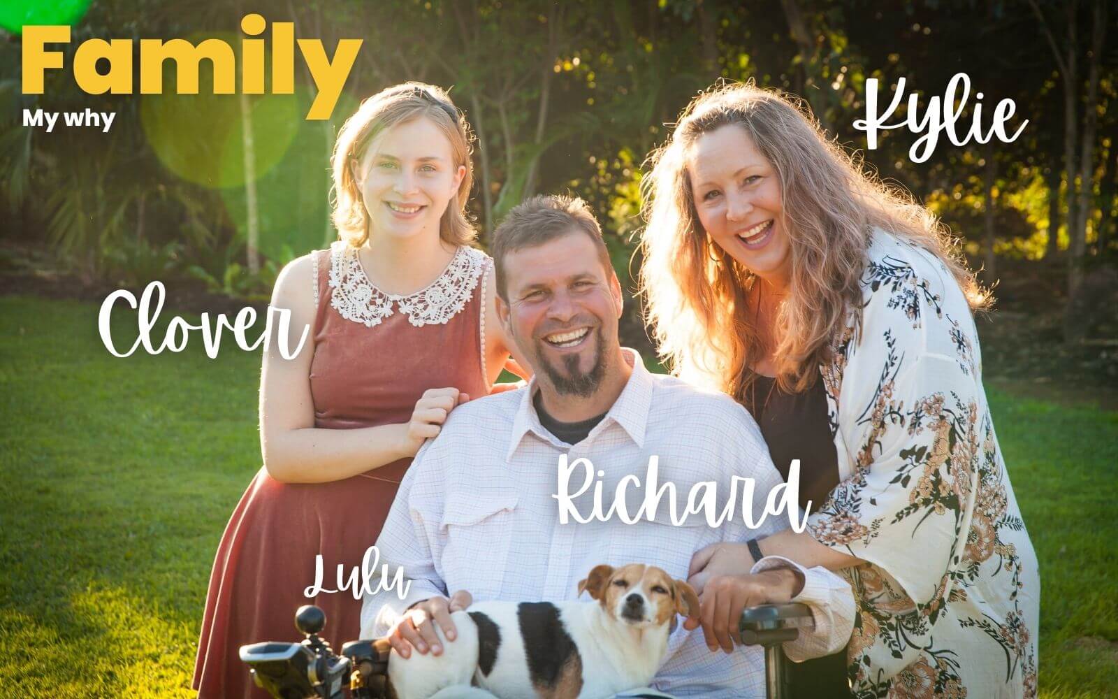 Kylie Mowbray-Allen with husband Richard Allen, daughter Clover Mowbray-Allen, and their dog Lulu