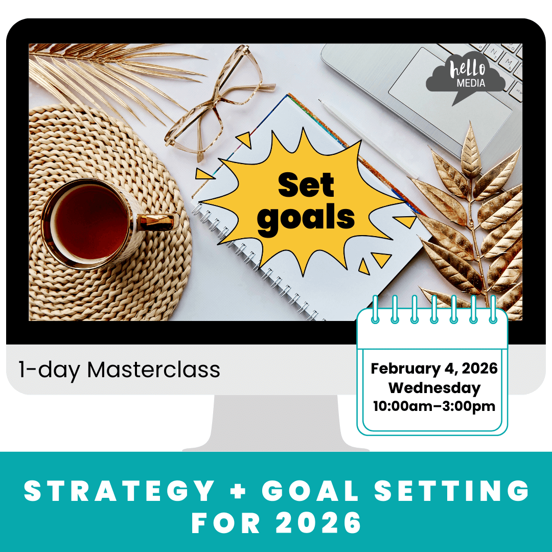 Flat lay table with planner and tea. "Set Goals"