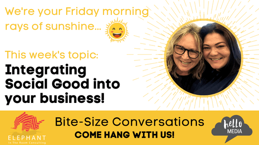 White background with a yellow rectangle at the bottom, a photo of Kylie and Jenni inside the rays of the sun, text that says: "We're your Friday morning rays of sunshine ... This week's topic: Integrating Social Good into your business!"