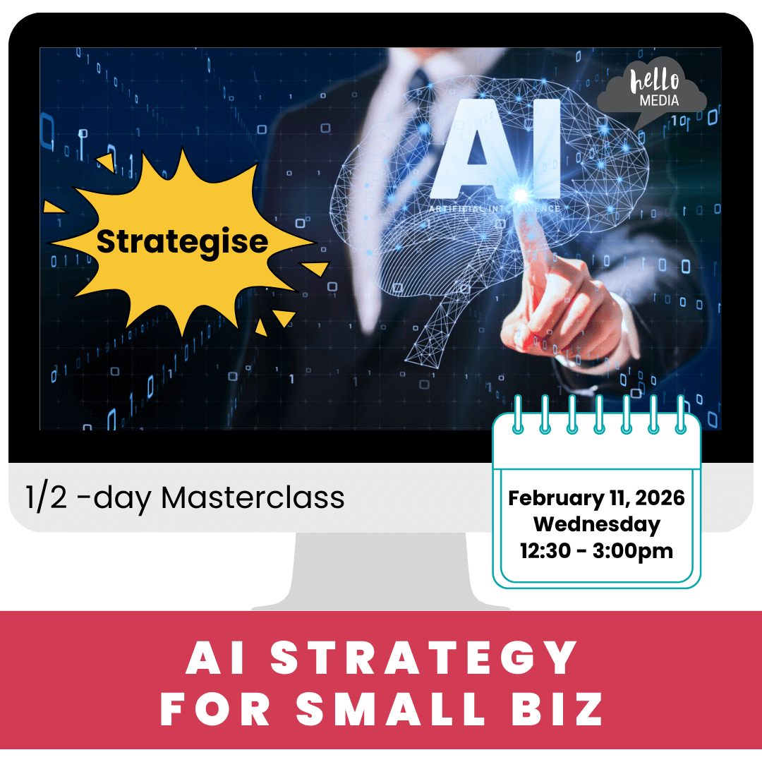 Advertisement for an AI strategy masterclass for small businesses with a hand pointing to 'AI' on a screen.