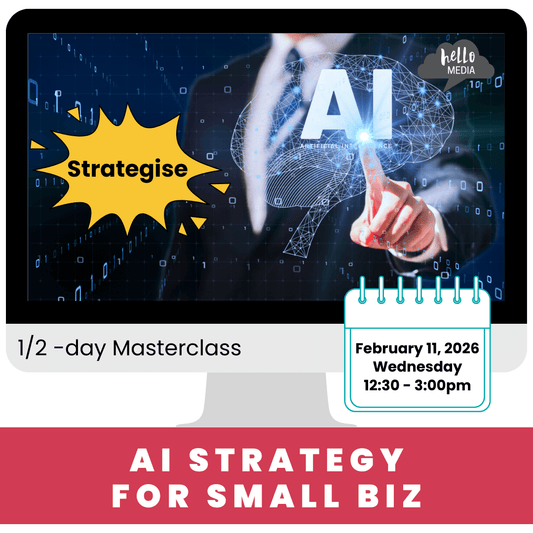 Advertisement for an AI strategy masterclass for small businesses with a hand pointing to 'AI' on a screen.
