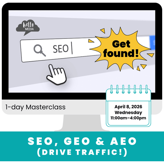 Advertisement for a 1-day SEO masterclass with a computer screen displaying 'SEO' and promotional text.