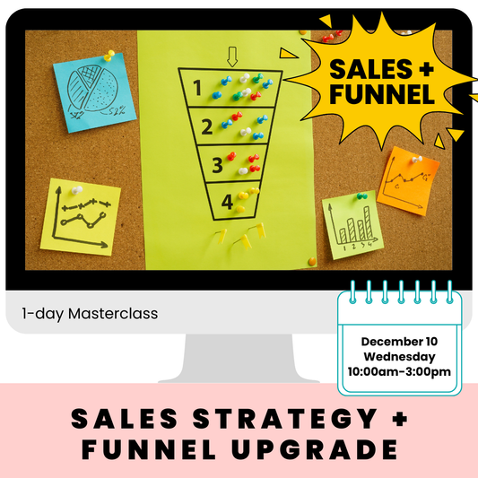 Computer screen displaying a sales funnel diagram on a corkboard with promotional text for a sales strategy masterclass.
