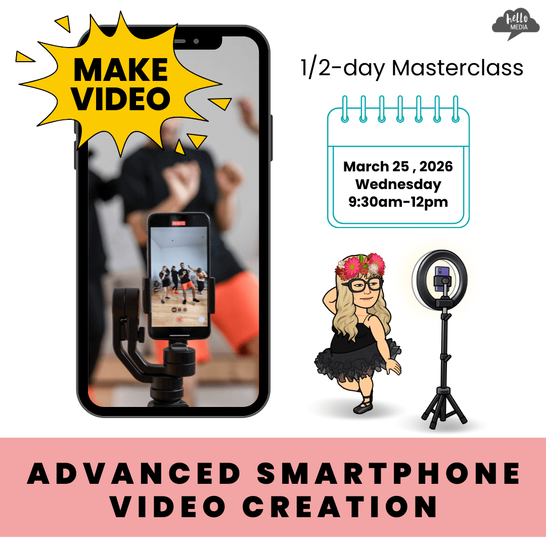 Graphic promoting a half-day masterclass on advanced smartphone video creation, with a phone and tripod setup.