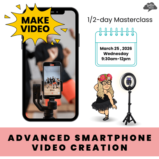 Graphic promoting a half-day masterclass on advanced smartphone video creation, with a phone and tripod setup.