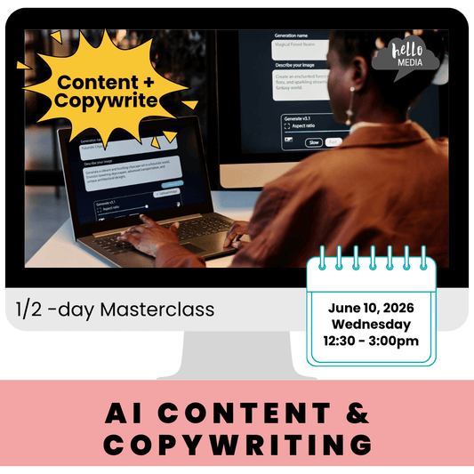 Person using a laptop with 'Content + Copywrite' text overlay, event details displayed.