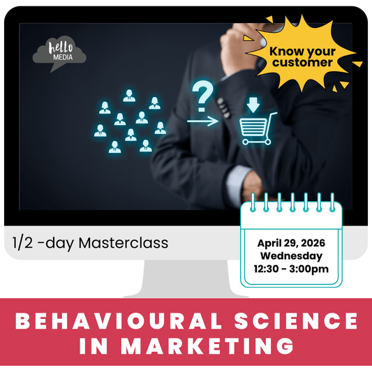 Advertisement for a 'Behavioural Science in Marketing' masterclass with a computer screen and calendar.