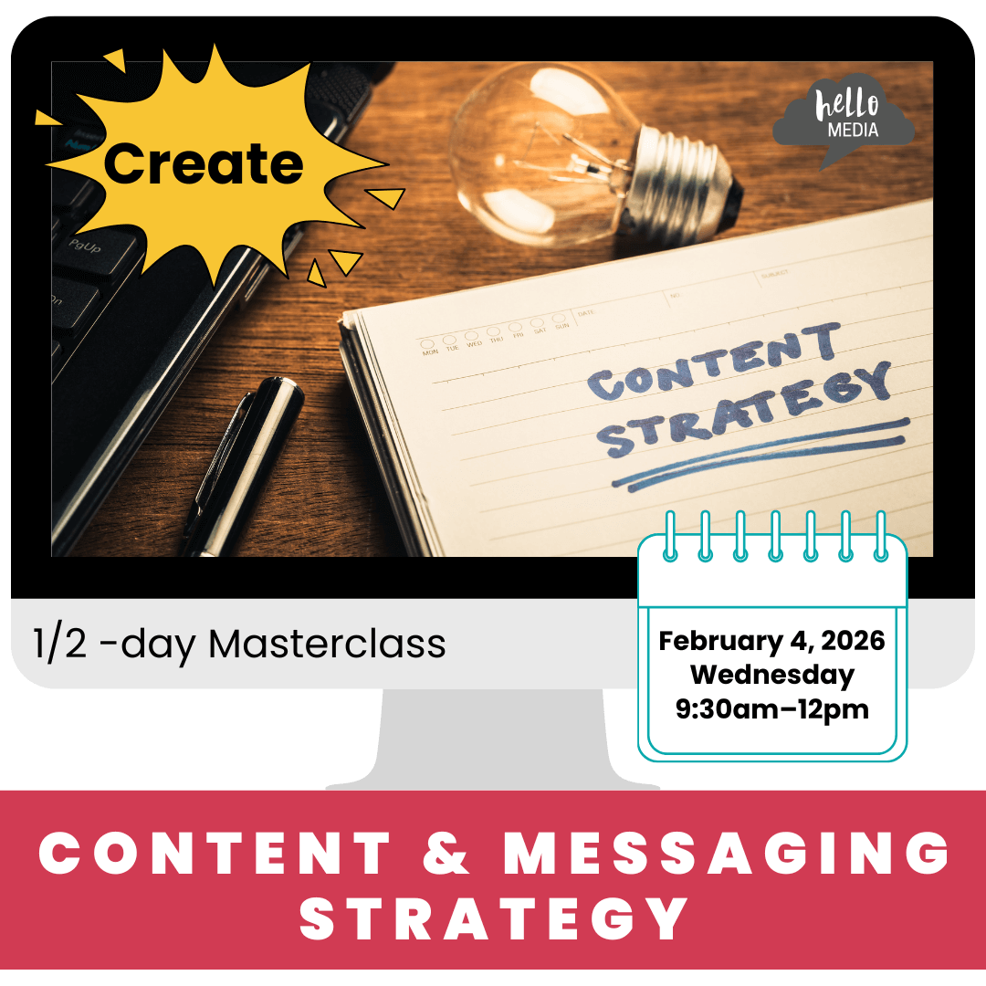 Advertisement for a content and messaging strategy masterclass with a notebook, light bulb, and 'hello MEDIA' branding.