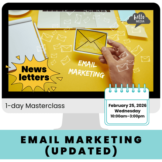Advertisement for an email marketing masterclass with a computer screen and hand holding a yellow envelope.
