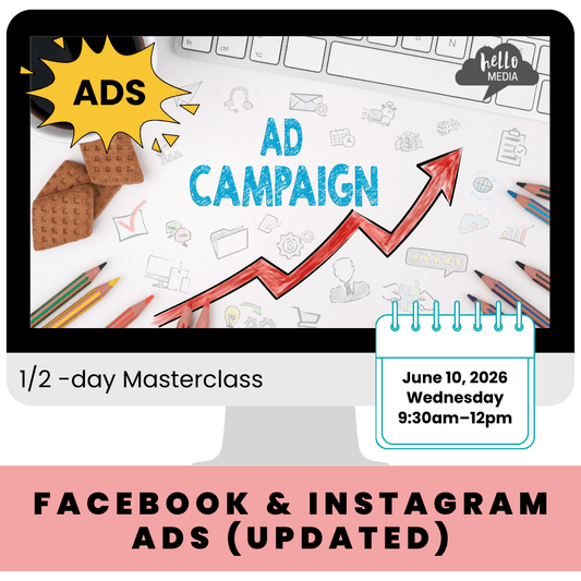 Advertisement for a Facebook and Instagram Ads masterclass with graphics and text on a computer screen.