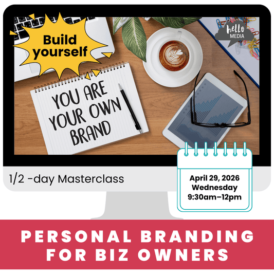 Advertisement for a personal branding masterclass with a notebook, tablet, and coffee on a desk.