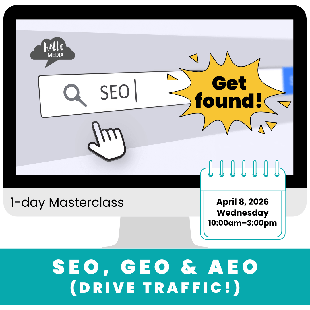 Advertisement for a SEO masterclass on a computer screen with text 'Get found!'