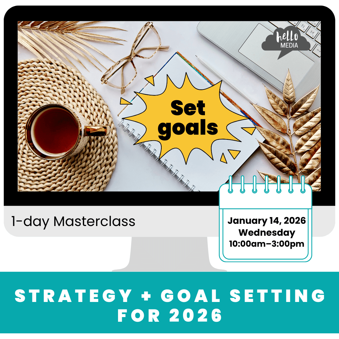 Promotional graphic for a 'Set goals' masterclass with a computer, notebook, and cup of tea.