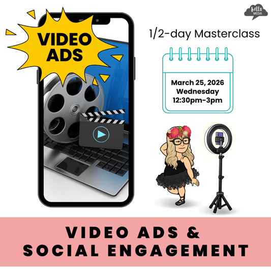Advertisement for a video ads masterclass with a smartphone, film reel, clapperboard, and cartoon woman with camera equipment.